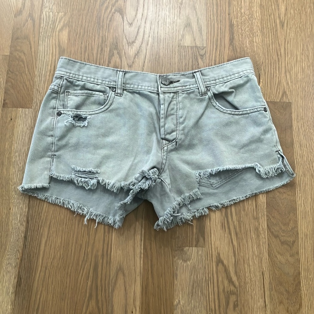 Free People Women’s Green Bohemian Distressed Cotton Denim Jean Shorts